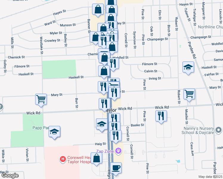 map of restaurants, bars, coffee shops, grocery stores, and more near 8985 Telegraph Road in Taylor