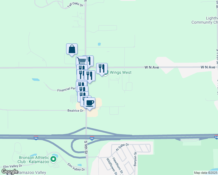 map of restaurants, bars, coffee shops, grocery stores, and more near Sports Drive in Kalamazoo