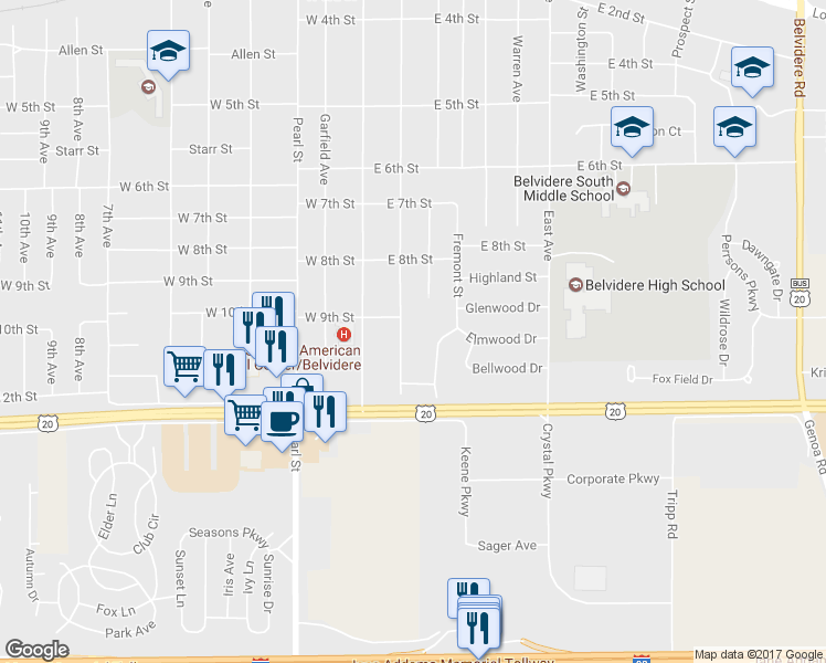 map of restaurants, bars, coffee shops, grocery stores, and more near 1610 Whitney Boulevard in Belvidere
