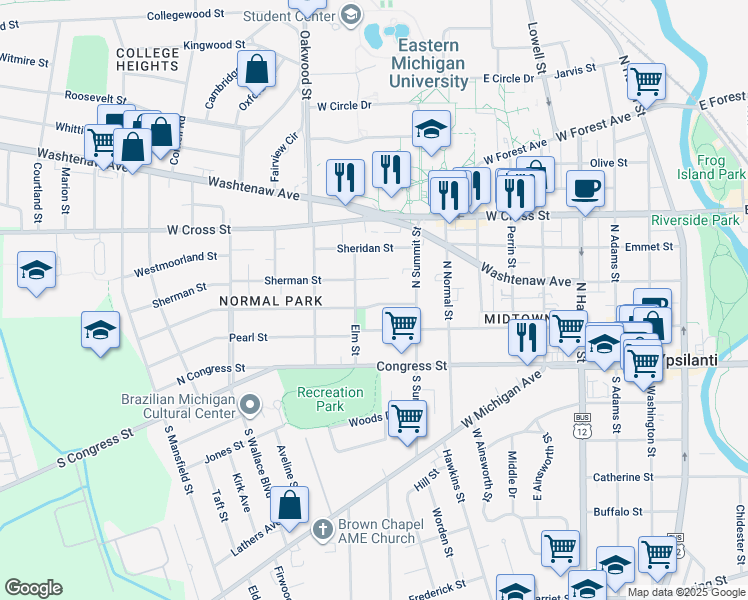 map of restaurants, bars, coffee shops, grocery stores, and more near 920 Grant Street in Ypsilanti