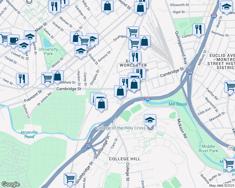 map of restaurants, bars, coffee shops, grocery stores, and more near 4 Chelsea Street in Worcester