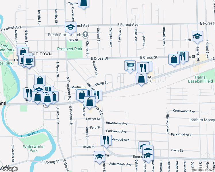 map of restaurants, bars, coffee shops, grocery stores, and more near 56 Johnson Street in Ypsilanti