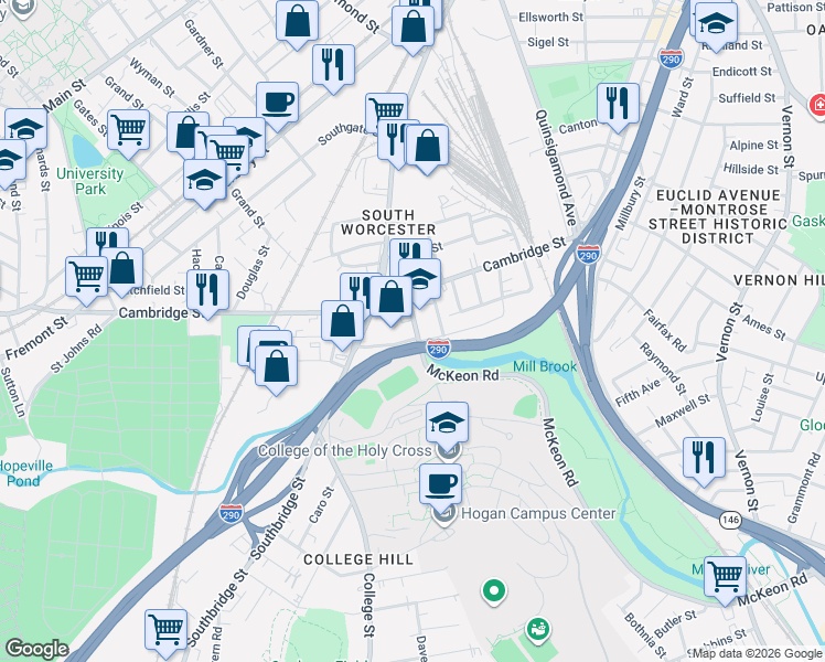 map of restaurants, bars, coffee shops, grocery stores, and more near 14 McKeon Road in Worcester