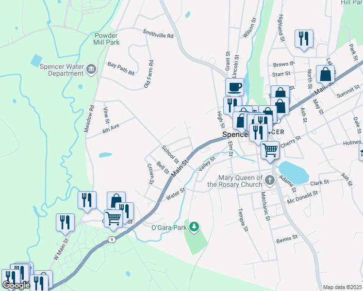 map of restaurants, bars, coffee shops, grocery stores, and more near 13 South Street in Spencer