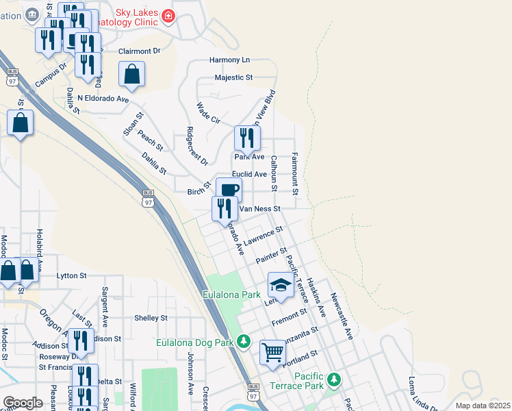 map of restaurants, bars, coffee shops, grocery stores, and more near 1953 Van Ness Avenue in Klamath Falls