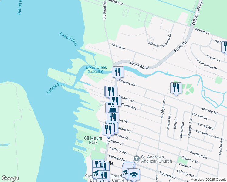 map of restaurants, bars, coffee shops, grocery stores, and more near 360 Essex County Road 20 in Windsor