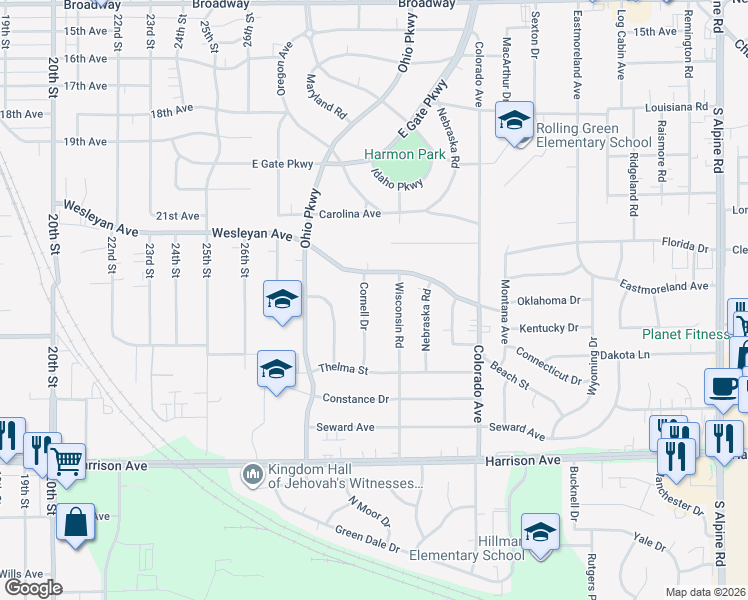 map of restaurants, bars, coffee shops, grocery stores, and more near 2323 Cornell Drive in Rockford