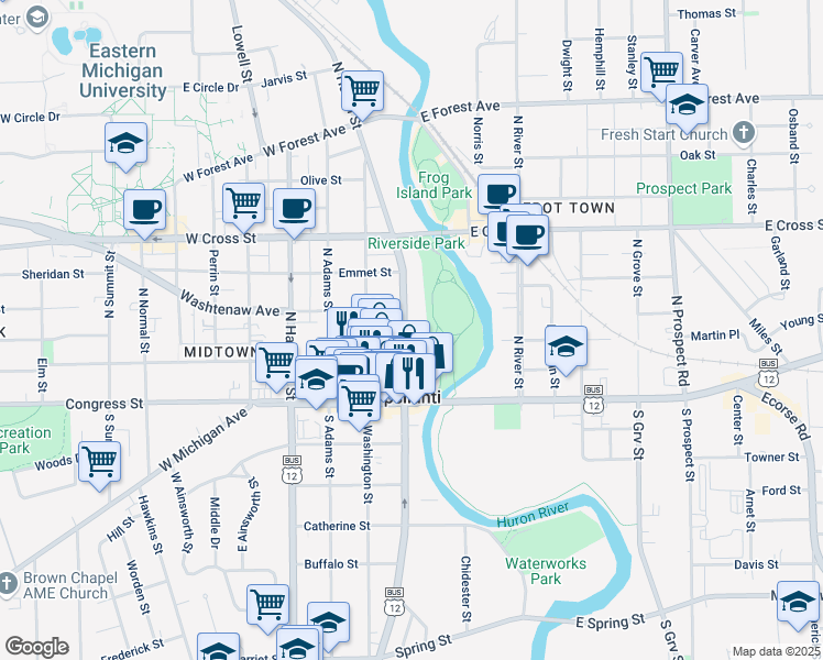 map of restaurants, bars, coffee shops, grocery stores, and more near 120 North Huron Street in Ypsilanti