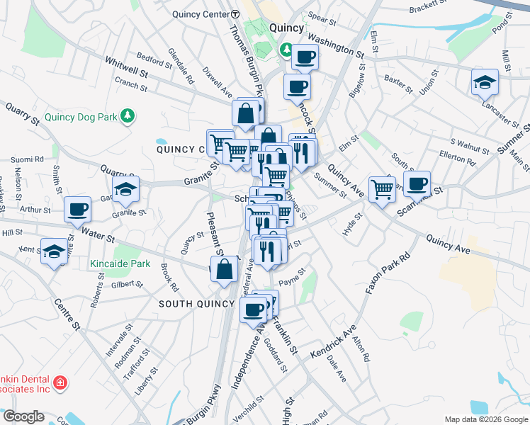 map of restaurants, bars, coffee shops, grocery stores, and more near 23 Franklin Street in Quincy