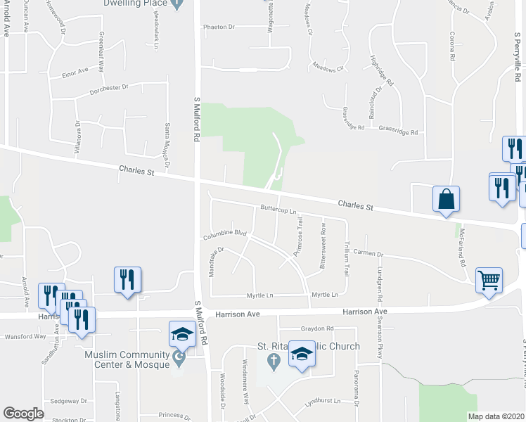 map of restaurants, bars, coffee shops, grocery stores, and more near 6203 Buttercup Lane in Rockford