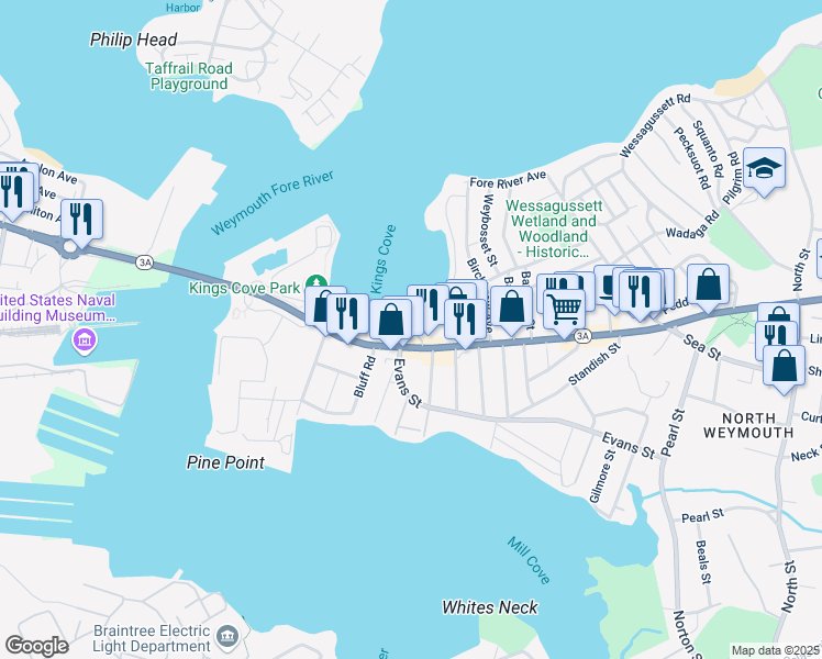 map of restaurants, bars, coffee shops, grocery stores, and more near 50 Kings Cove Way in Weymouth