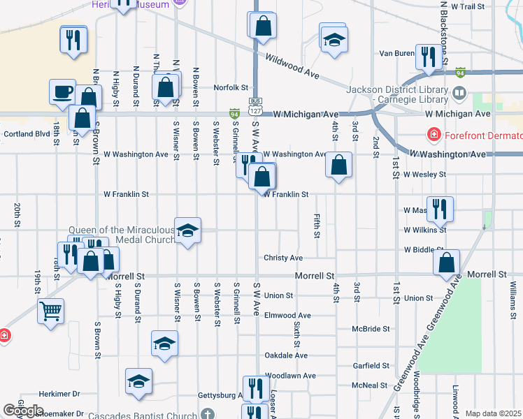map of restaurants, bars, coffee shops, grocery stores, and more near 515 South West Avenue in Jackson