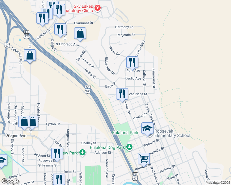 map of restaurants, bars, coffee shops, grocery stores, and more near 1640 North Eldorado Avenue in Klamath Falls