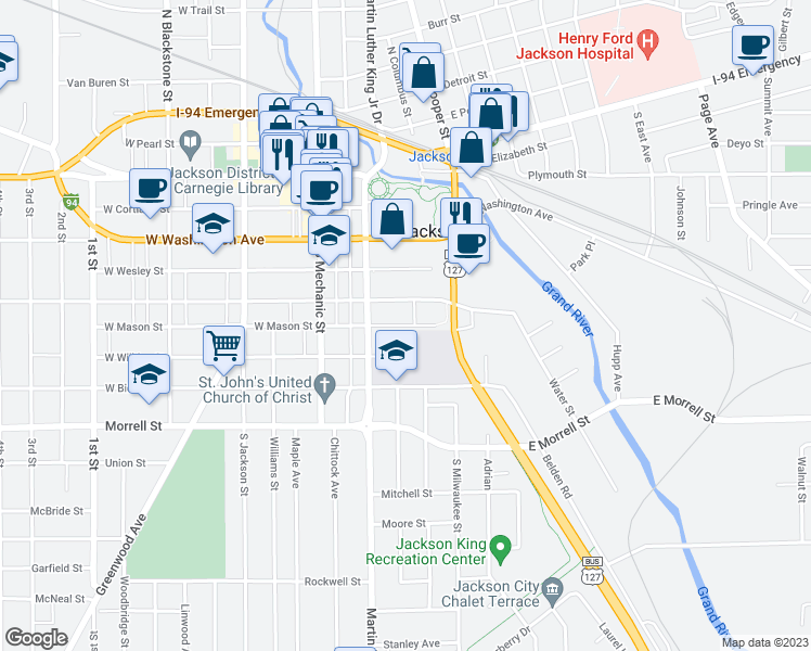 map of restaurants, bars, coffee shops, grocery stores, and more near 1 Warwick Court in Jackson