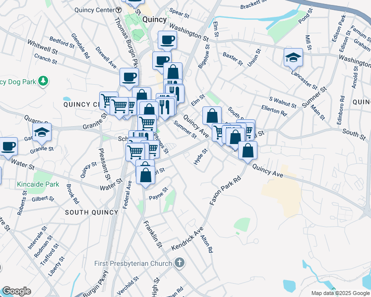 map of restaurants, bars, coffee shops, grocery stores, and more near 41 Water Street in Quincy