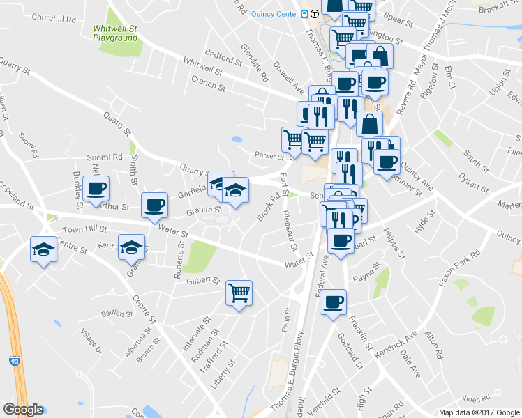 map of restaurants, bars, coffee shops, grocery stores, and more near 43 Brook Road in Quincy