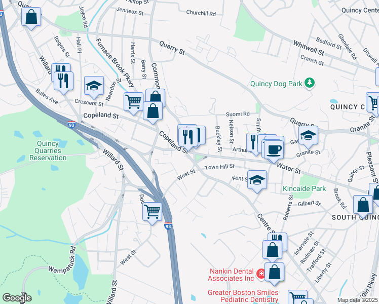 map of restaurants, bars, coffee shops, grocery stores, and more near 148 Copeland Street in Quincy