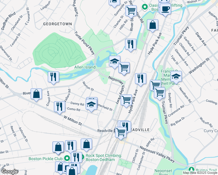 map of restaurants, bars, coffee shops, grocery stores, and more near 83 Readville Street in Boston