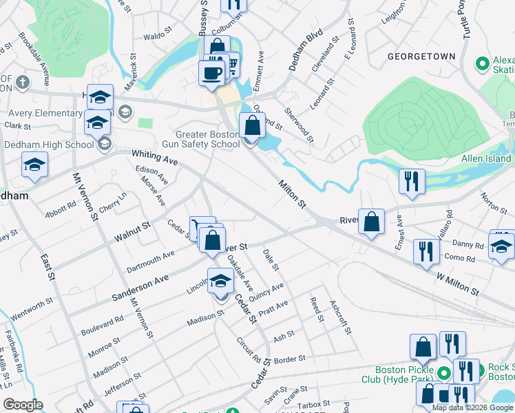 map of restaurants, bars, coffee shops, grocery stores, and more near 360 Whiting Avenue in Dedham