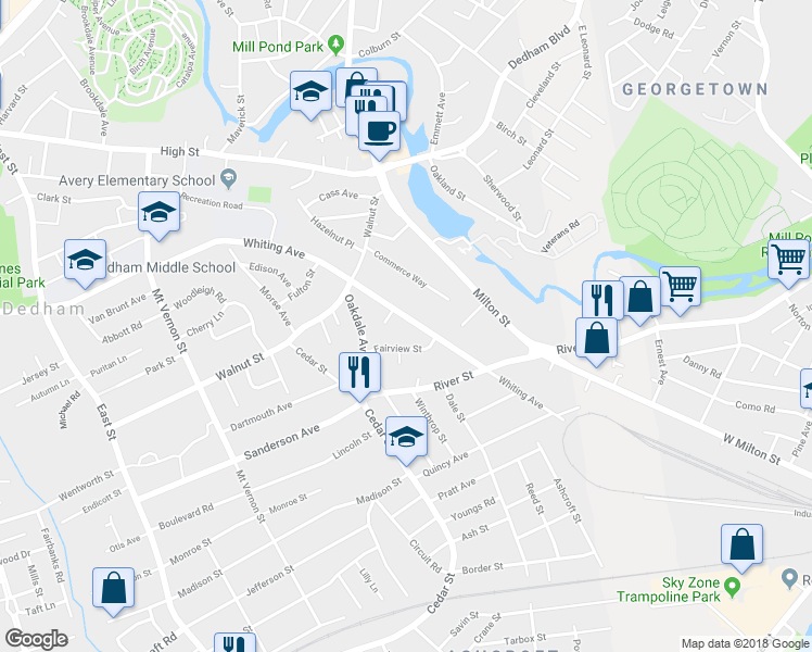 map of restaurants, bars, coffee shops, grocery stores, and more near 1 Business Street in Dedham
