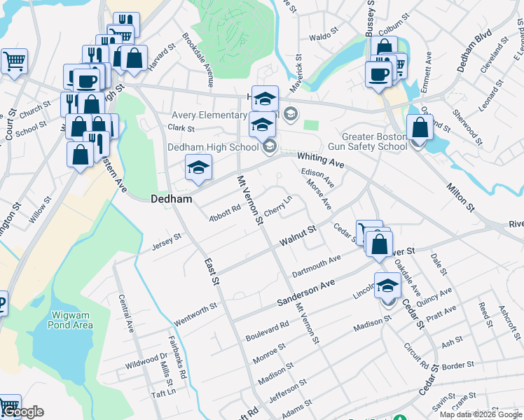 map of restaurants, bars, coffee shops, grocery stores, and more near 34 Cherry Lane in Dedham