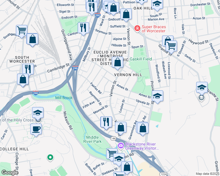 map of restaurants, bars, coffee shops, grocery stores, and more near 176 Vernon Street in Worcester