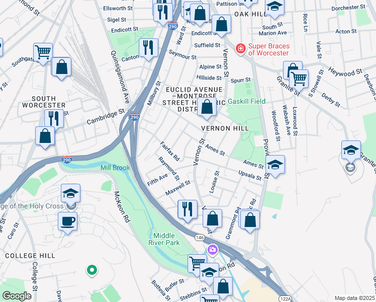 map of restaurants, bars, coffee shops, grocery stores, and more near 176 Vernon Street in Worcester