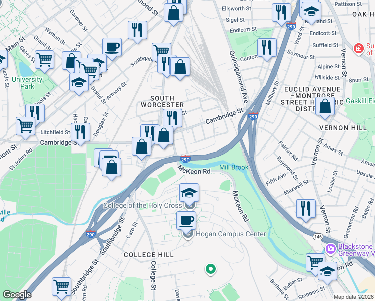 map of restaurants, bars, coffee shops, grocery stores, and more near 18 Dorrance Street in Worcester