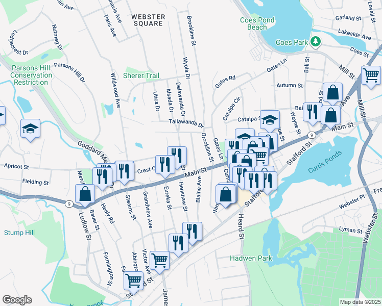 map of restaurants, bars, coffee shops, grocery stores, and more near 12 Henderson Avenue in Worcester