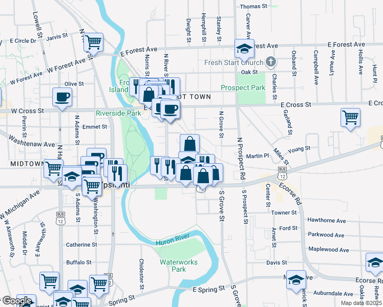 map of restaurants, bars, coffee shops, grocery stores, and more near 202 North Lincoln Street in Ypsilanti