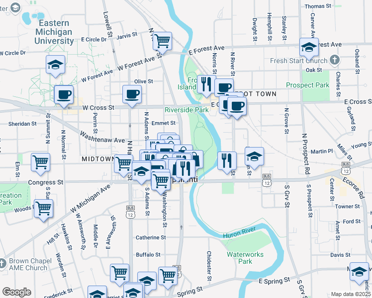 map of restaurants, bars, coffee shops, grocery stores, and more near 120 North Huron Street in Ypsilanti