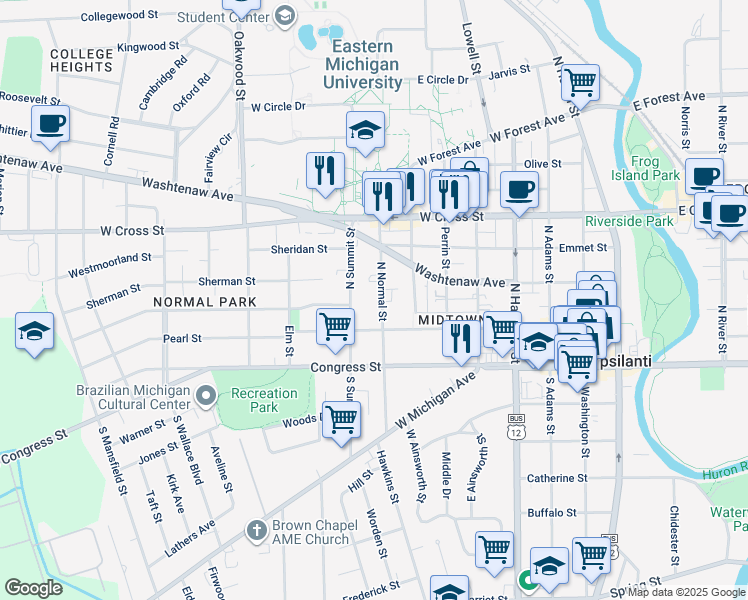map of restaurants, bars, coffee shops, grocery stores, and more near 115 North Normal Street in Ypsilanti