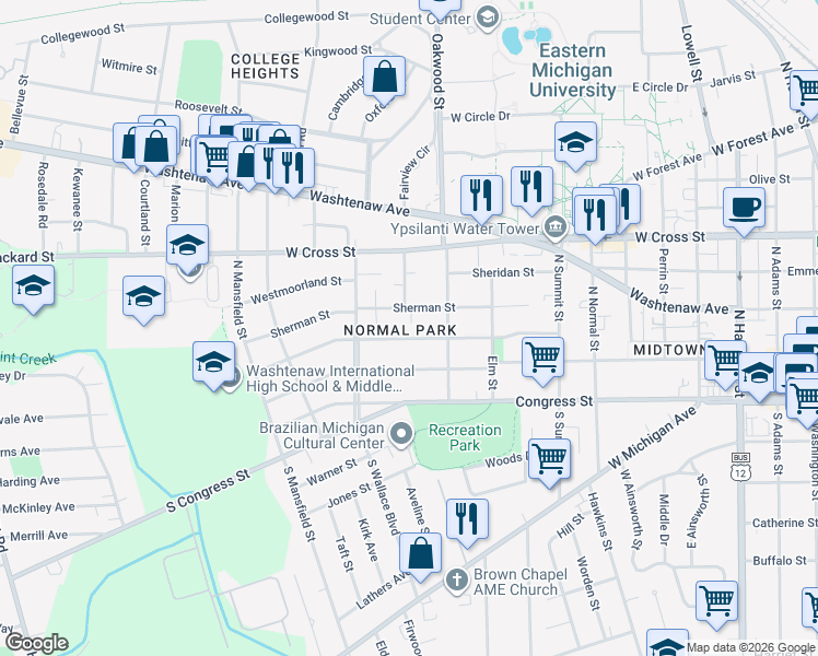 map of restaurants, bars, coffee shops, grocery stores, and more near in Ypsilanti