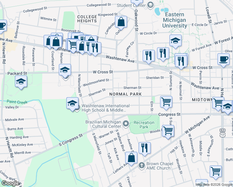 map of restaurants, bars, coffee shops, grocery stores, and more near 202 North Wallace Boulevard in Ypsilanti