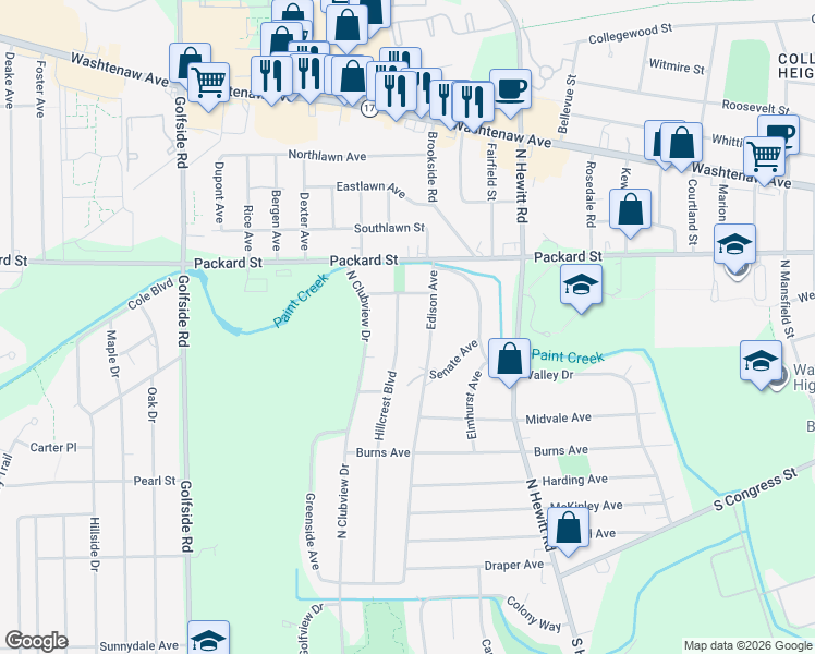 map of restaurants, bars, coffee shops, grocery stores, and more near 344 Hillcrest Boulevard in Ypsilanti