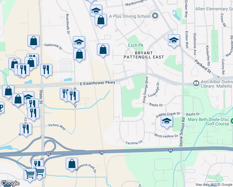 map of restaurants, bars, coffee shops, grocery stores, and more near 3236 Alpine Drive in Ann Arbor