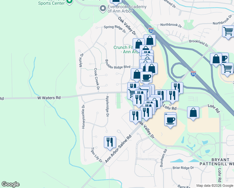 map of restaurants, bars, coffee shops, grocery stores, and more near 2135 West Waters Road in Ann Arbor
