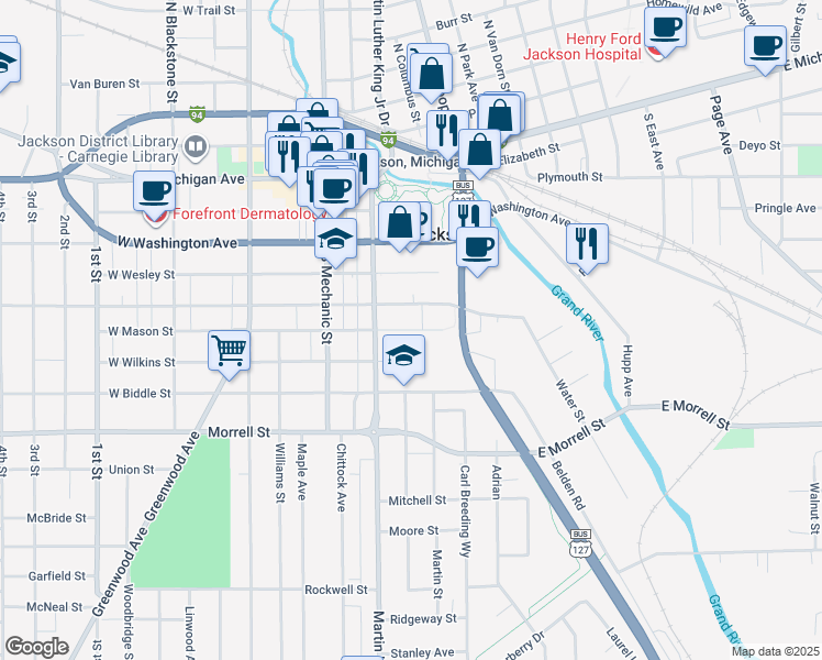 map of restaurants, bars, coffee shops, grocery stores, and more near 1 Warwick Court in Jackson