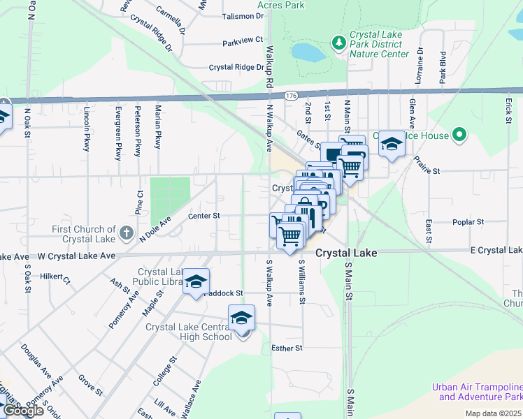 map of restaurants, bars, coffee shops, grocery stores, and more near 74 North Walkup Avenue in Crystal Lake