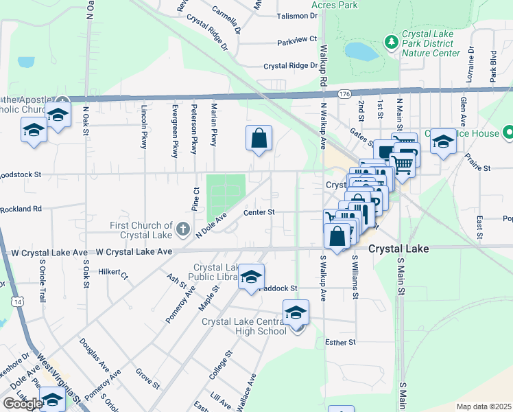 map of restaurants, bars, coffee shops, grocery stores, and more near 74 Elmhurst Street in Crystal Lake