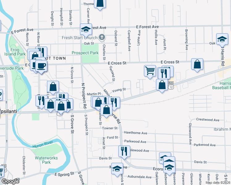 map of restaurants, bars, coffee shops, grocery stores, and more near 808 Young Street in Ypsilanti