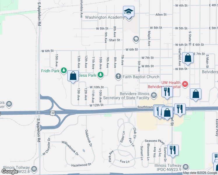 map of restaurants, bars, coffee shops, grocery stores, and more near 1710 9th Avenue in Belvidere