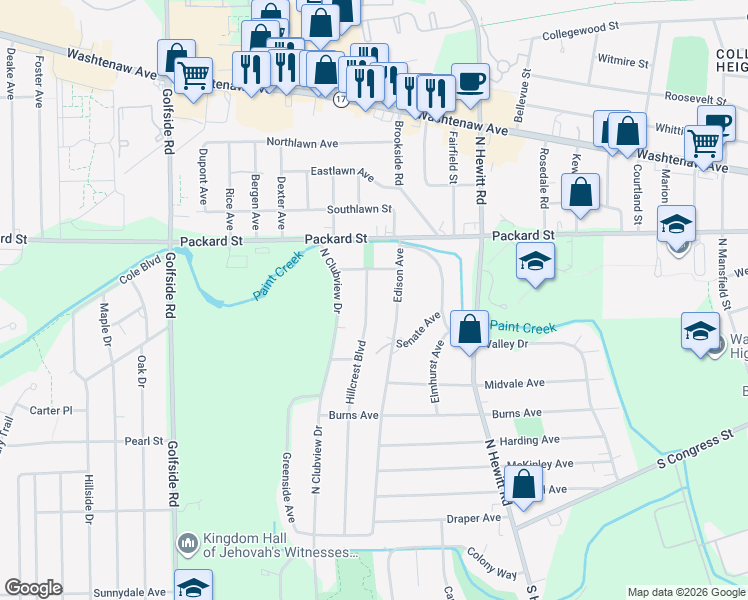map of restaurants, bars, coffee shops, grocery stores, and more near 344 Hillcrest Boulevard in Ypsilanti