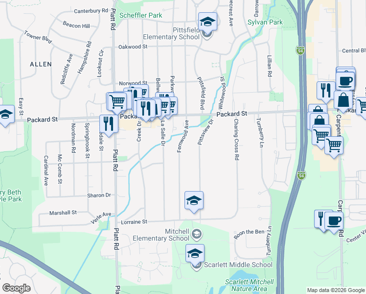 map of restaurants, bars, coffee shops, grocery stores, and more near 3135 Fernwood Avenue in Ann Arbor