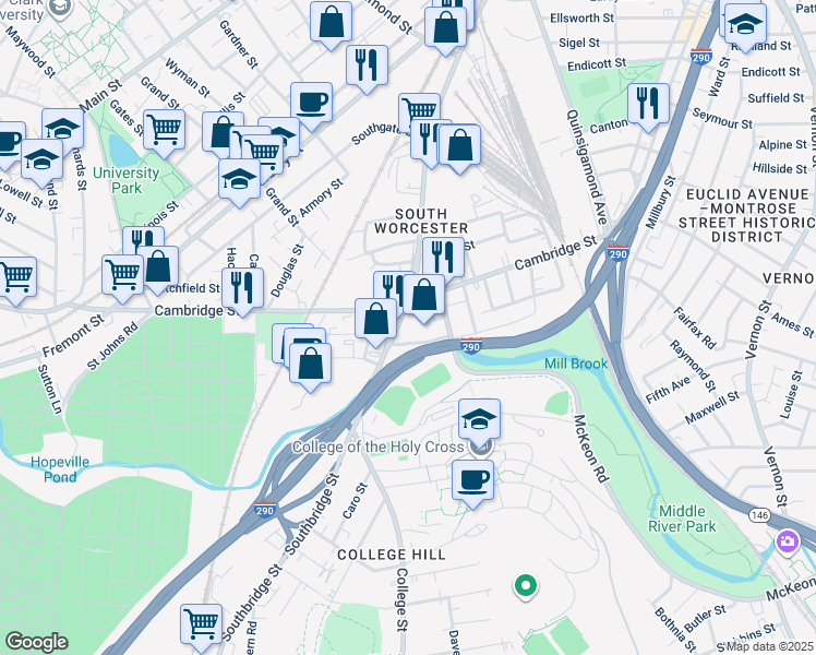 map of restaurants, bars, coffee shops, grocery stores, and more near 702 Southbridge Street in Worcester