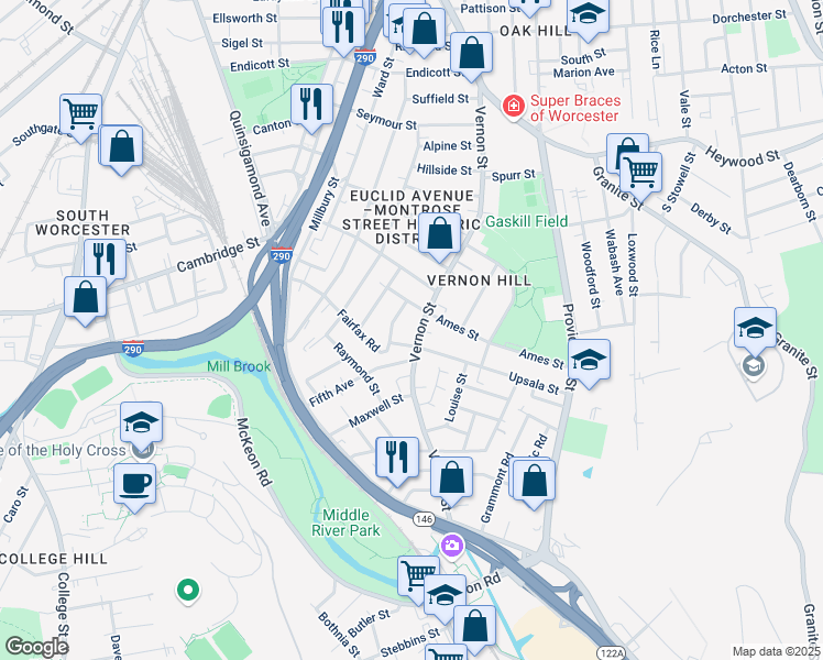 map of restaurants, bars, coffee shops, grocery stores, and more near 176 Vernon Street in Worcester