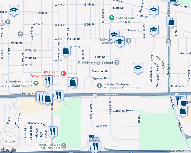 map of restaurants, bars, coffee shops, grocery stores, and more near 510 Elmwood Drive in Belvidere