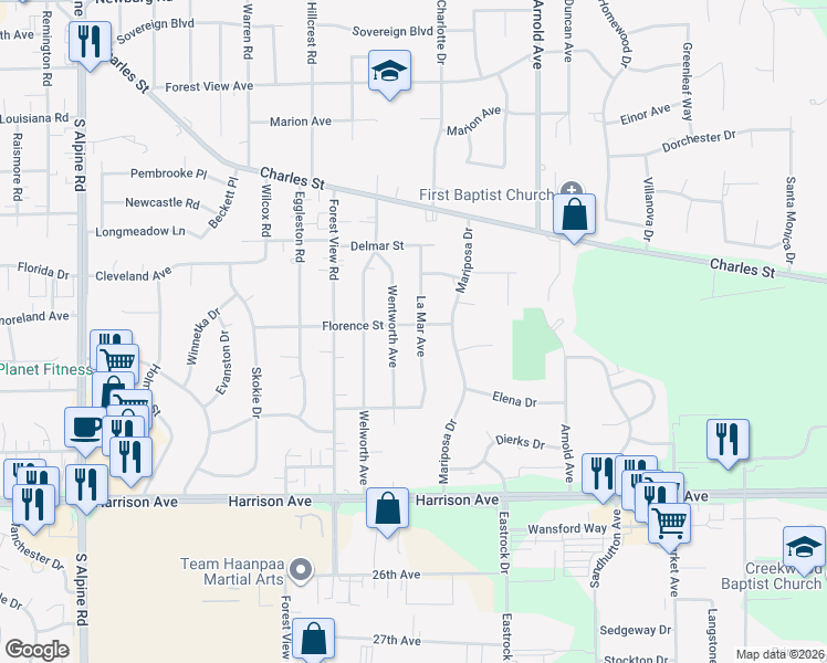 map of restaurants, bars, coffee shops, grocery stores, and more near 5015 Florence Street in Rockford