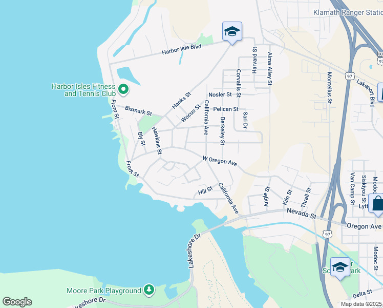 map of restaurants, bars, coffee shops, grocery stores, and more near 744 West Oregon Avenue in Klamath Falls