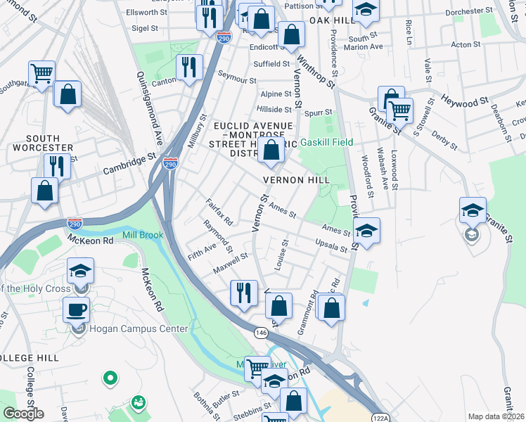 map of restaurants, bars, coffee shops, grocery stores, and more near 171 Vernon Street in Worcester